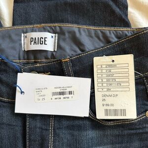 Paige High Rise Boot cut Denim Jeans in Dark Blue